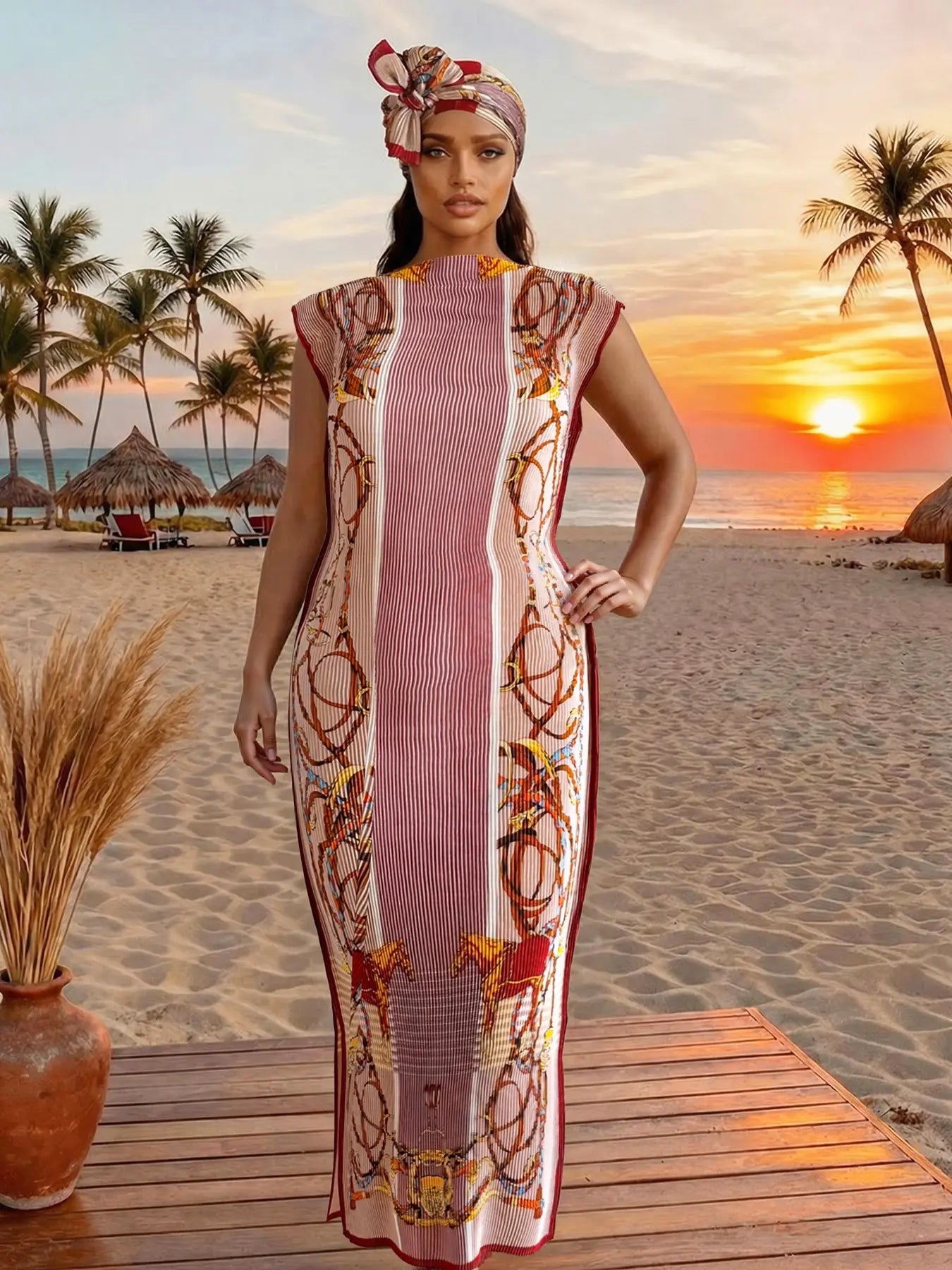 Pleated Fit and Flare Moo Moo Dress  with Shawl and Long Silk Scarf