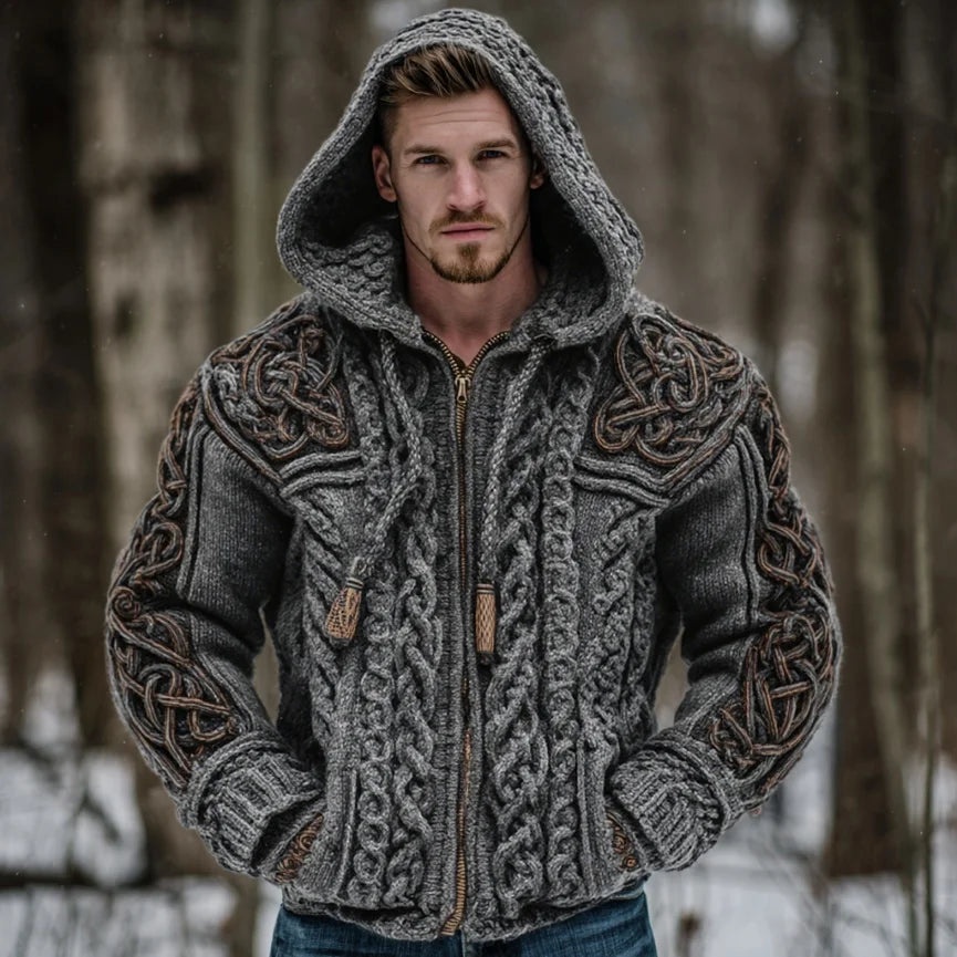Men's Vintage Viking Celtic Knot Art Chunky Knit Hooded Zip-up Sweater