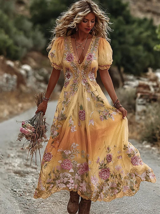 Women's Vintage Rose Embroidery Art Comfy Linen Maxi Dress