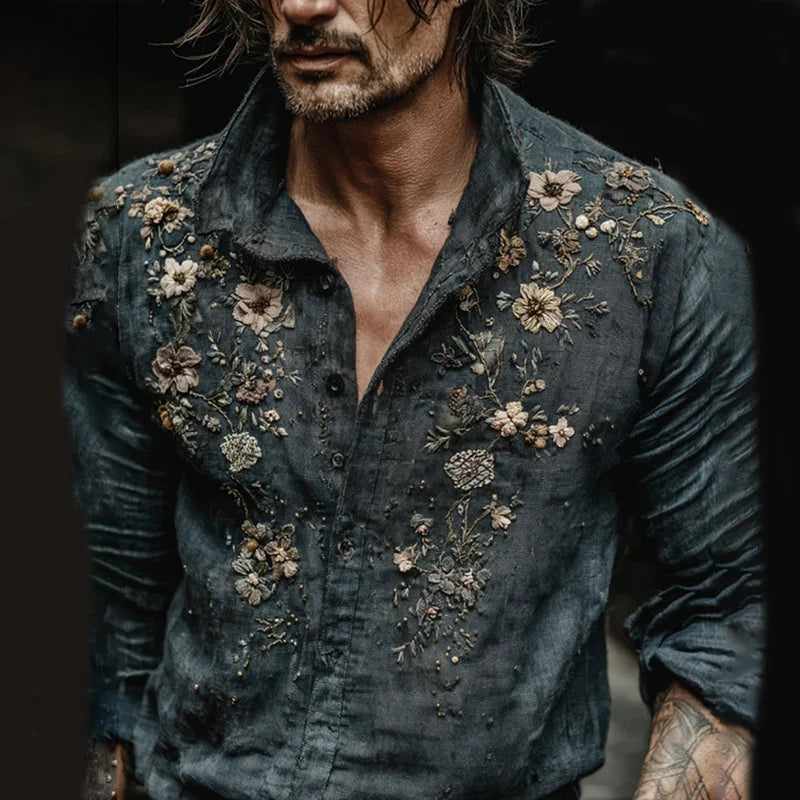 Men's Vintage Floral Embroidered Art Comfy Long Sleeve Linen Shirt