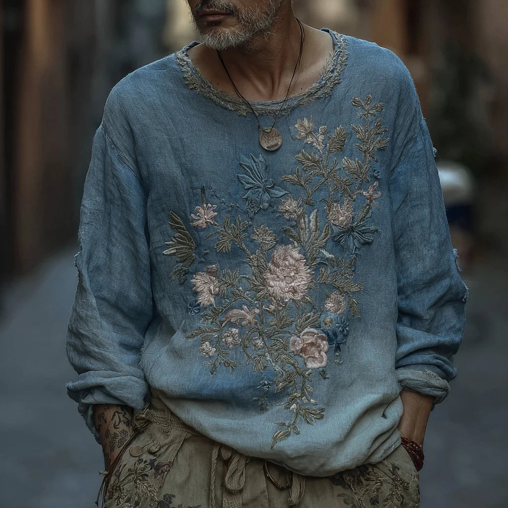 Men's Stylish Floral Pattern Basic Long Sleeve Shirt
