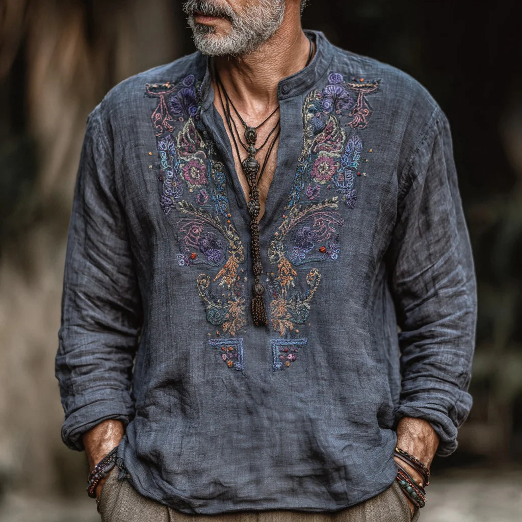 Men's Vintage Ethnic Floral Pattern Linen Shirt