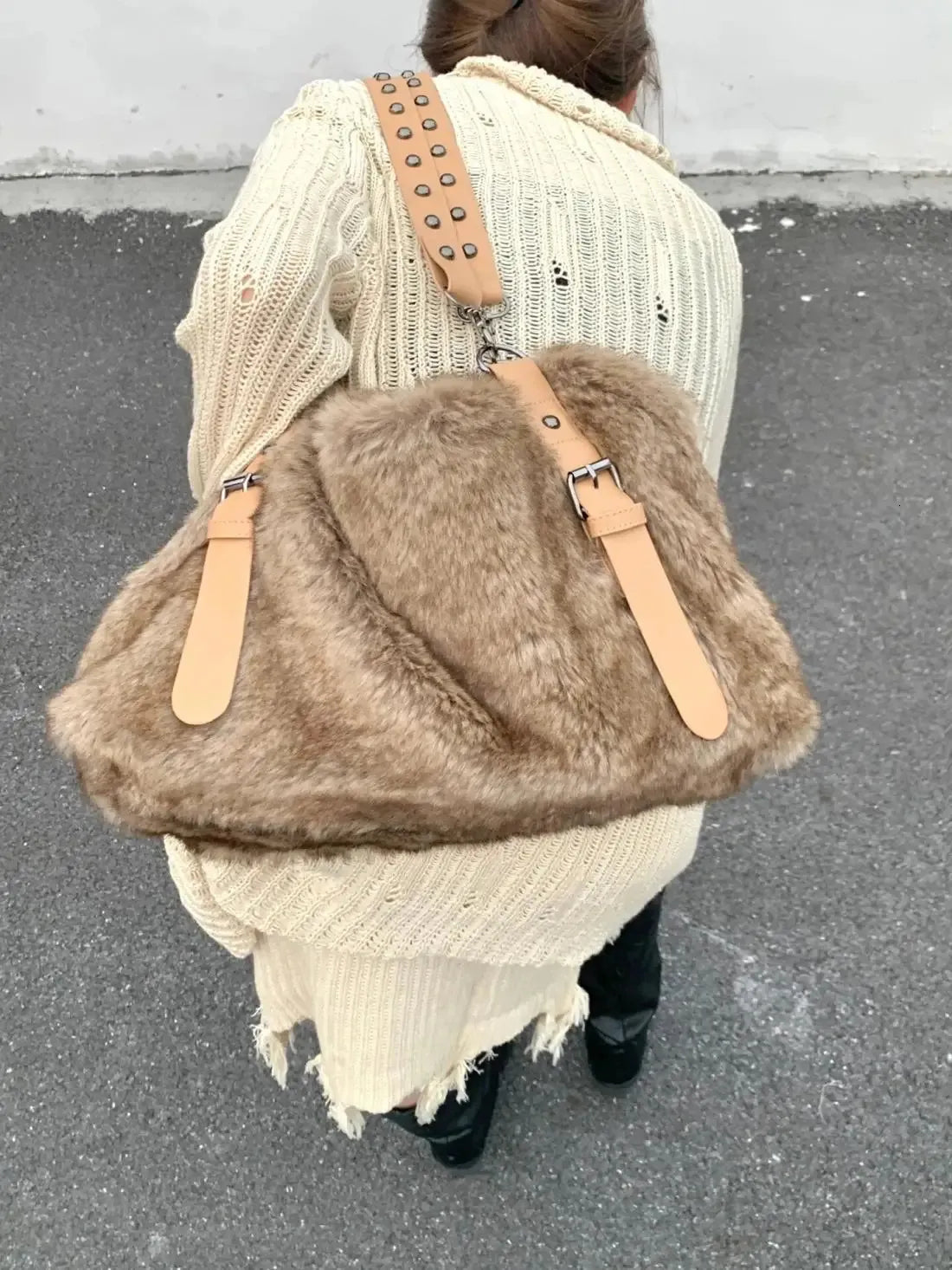 Studded Fluffy Tote Bag