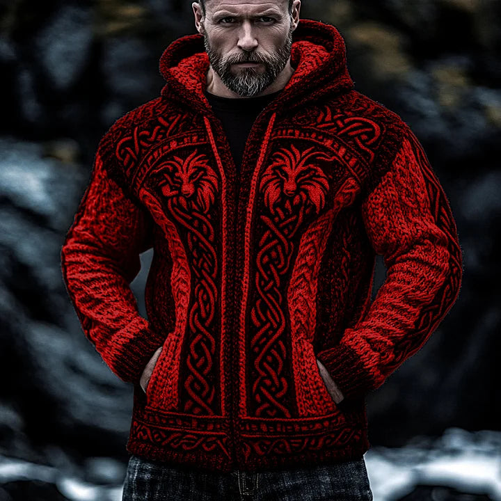 Men's Viking Wolf Style Celtic Thick Zip Hooded Sweater