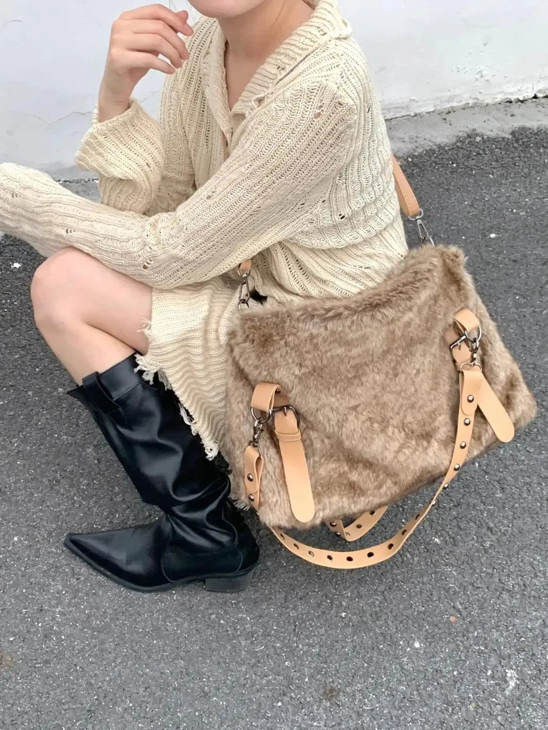 Studded Fluffy Tote Bag