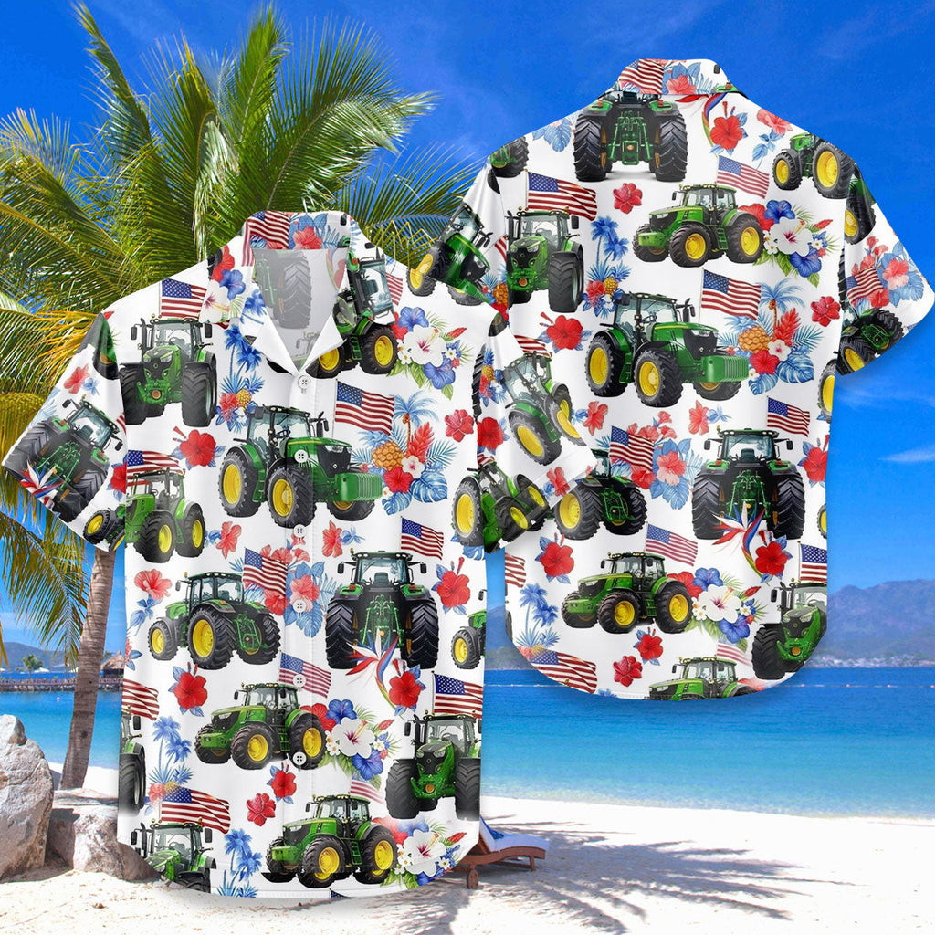 Patriotic Tractor Hawaiian Shirt – American Flag Green Farm Tractor Tropical Aloha