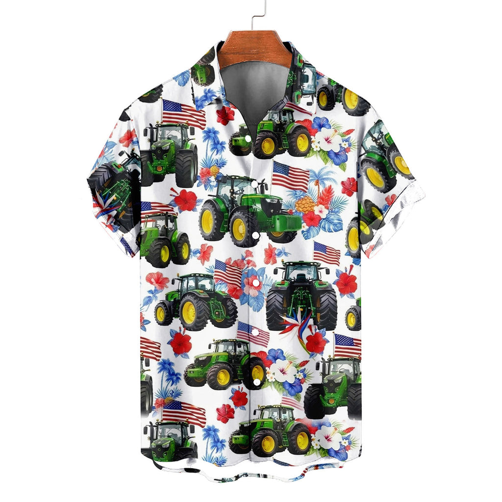 Patriotic Tractor Hawaiian Shirt – American Flag Green Farm Tractor Tropical Aloha