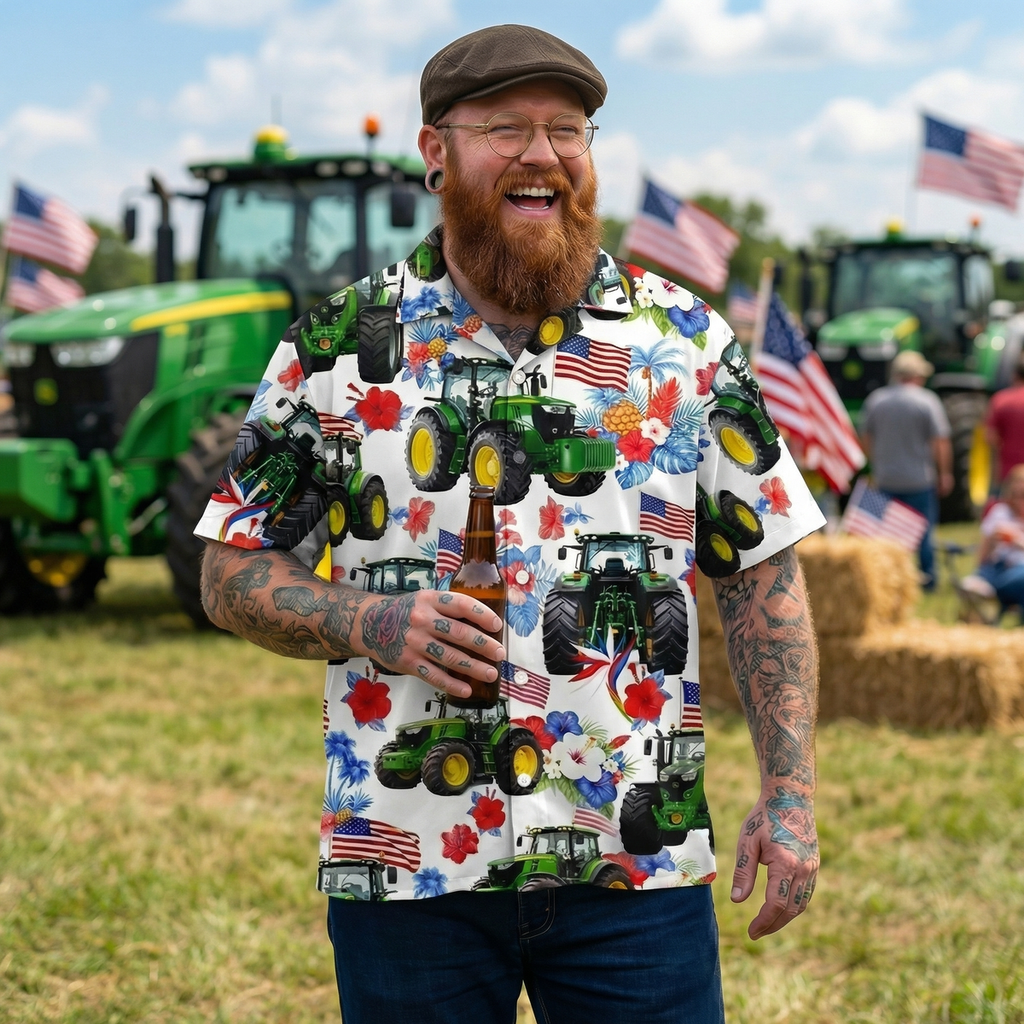 Patriotic Tractor Hawaiian Shirt – American Flag Green Farm Tractor Tropical Aloha