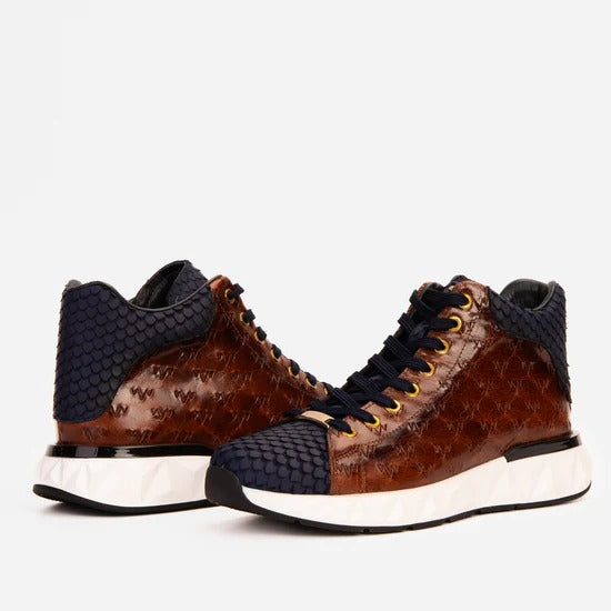 Brown & Navy Leather High-Top Men Sneaker