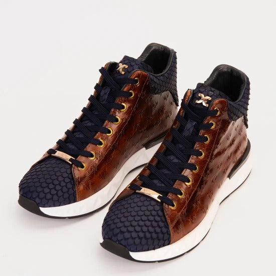 Brown & Navy Leather High-Top Men Sneaker