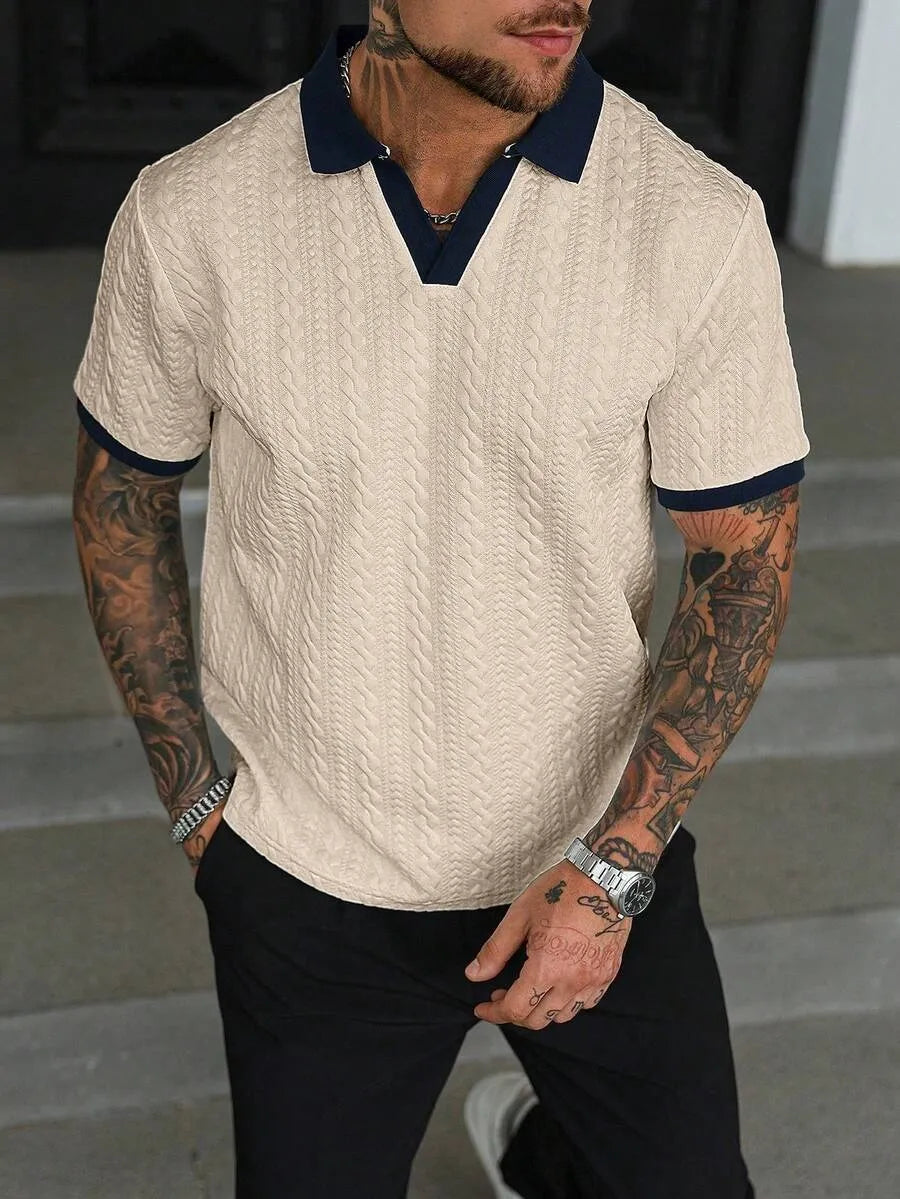 Men Knitted Cream  V Neck Sweater Textured Old Money