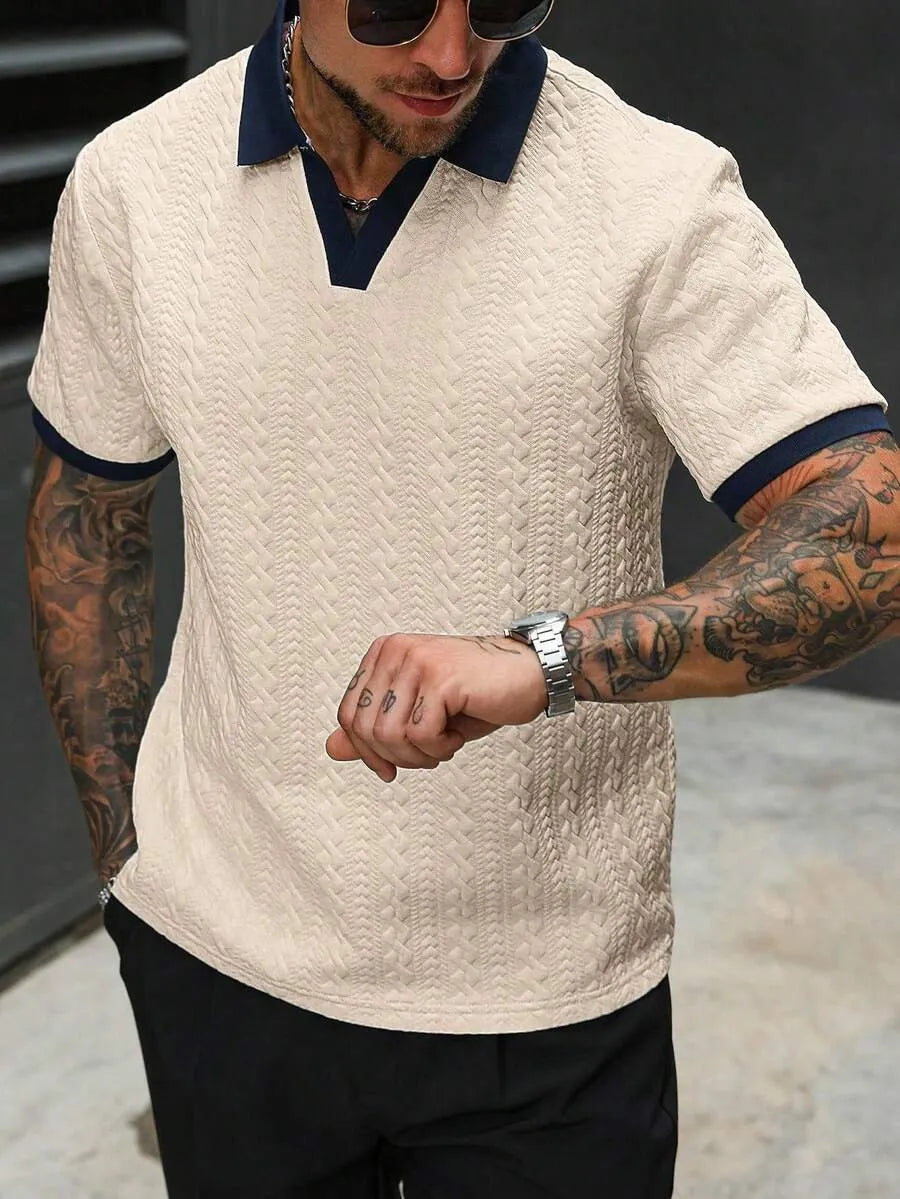 Men Knitted Cream  V Neck Sweater Textured Old Money