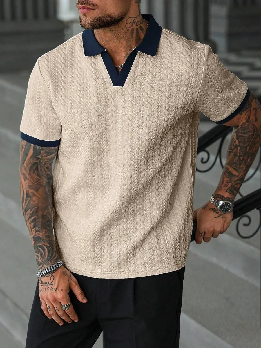 Men Knitted Cream  V Neck Sweater Textured Old Money