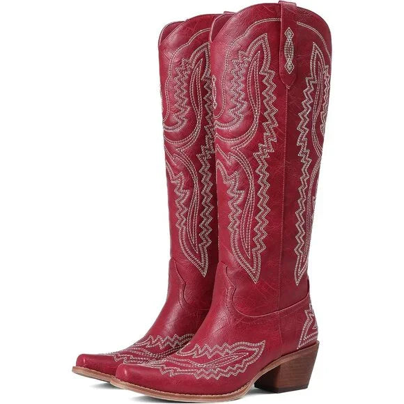 Knee High Western Boots With Classic Embroidered Chunky Heel