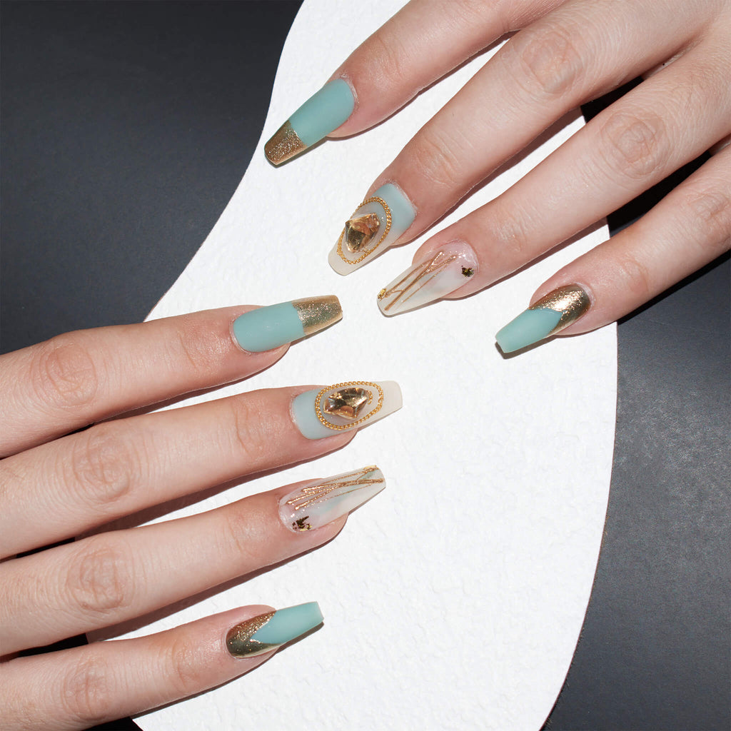 Aqua Serenity Press-On Nails | Medium-Long Coffin Shape With Gold Accents