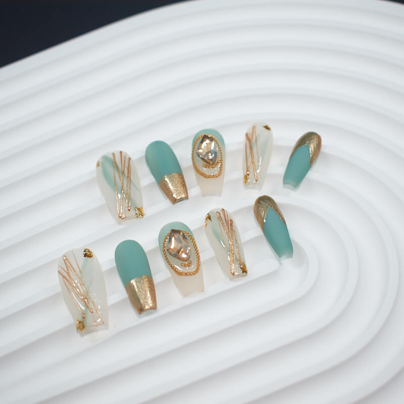 Aqua Serenity Press-On Nails | Medium-Long Coffin Shape With Gold Accents