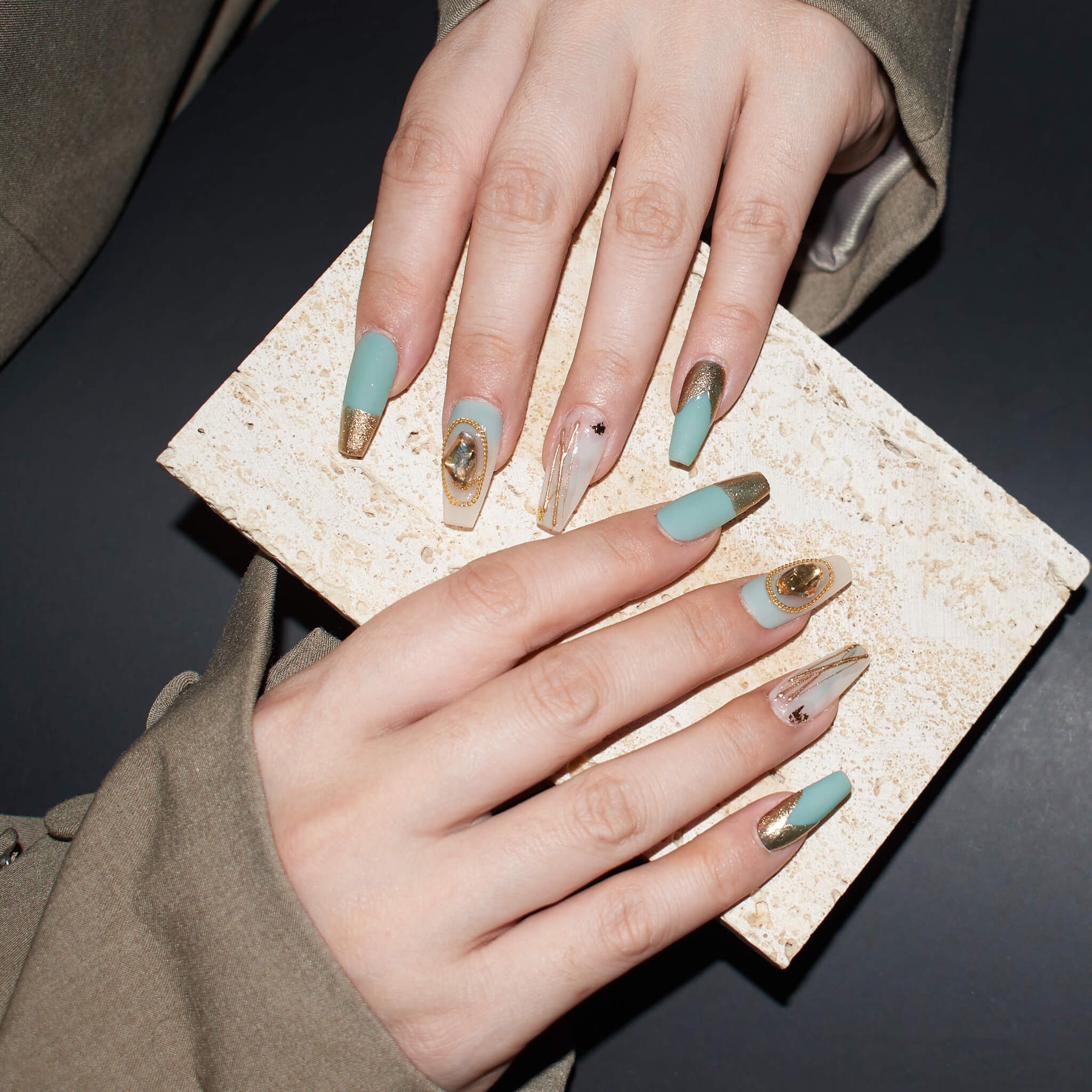 Aqua Serenity Press-On Nails | Medium-Long Coffin Shape With Gold Accents