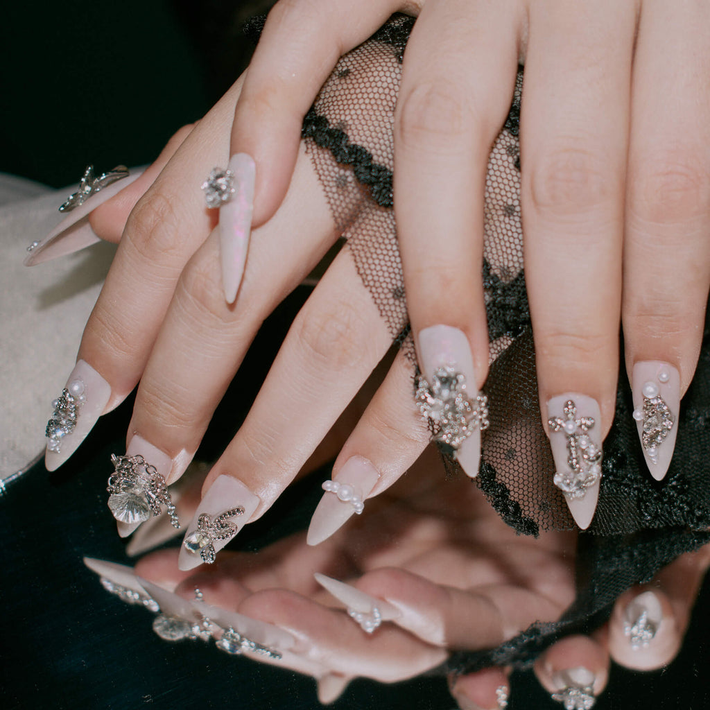 Prismatic Princess | Light Pink Medium Long Almond Nails | Y2K 3D Rhinestone & Pearl Design