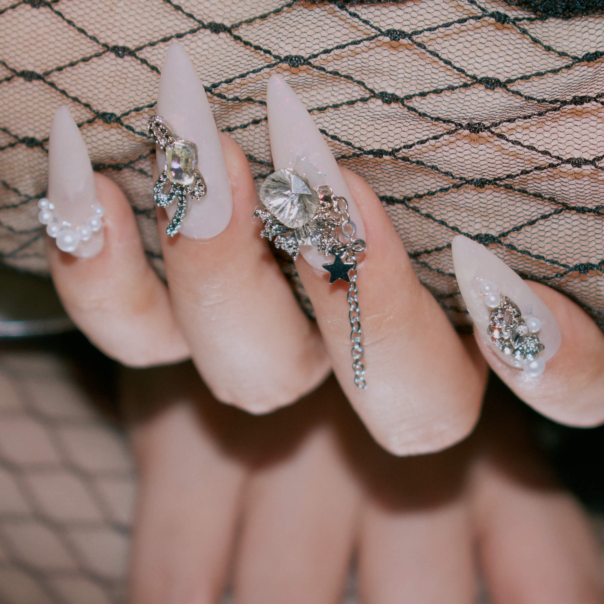 Prismatic Princess | Light Pink Medium Long Almond Nails | Y2K 3D Rhinestone & Pearl Design