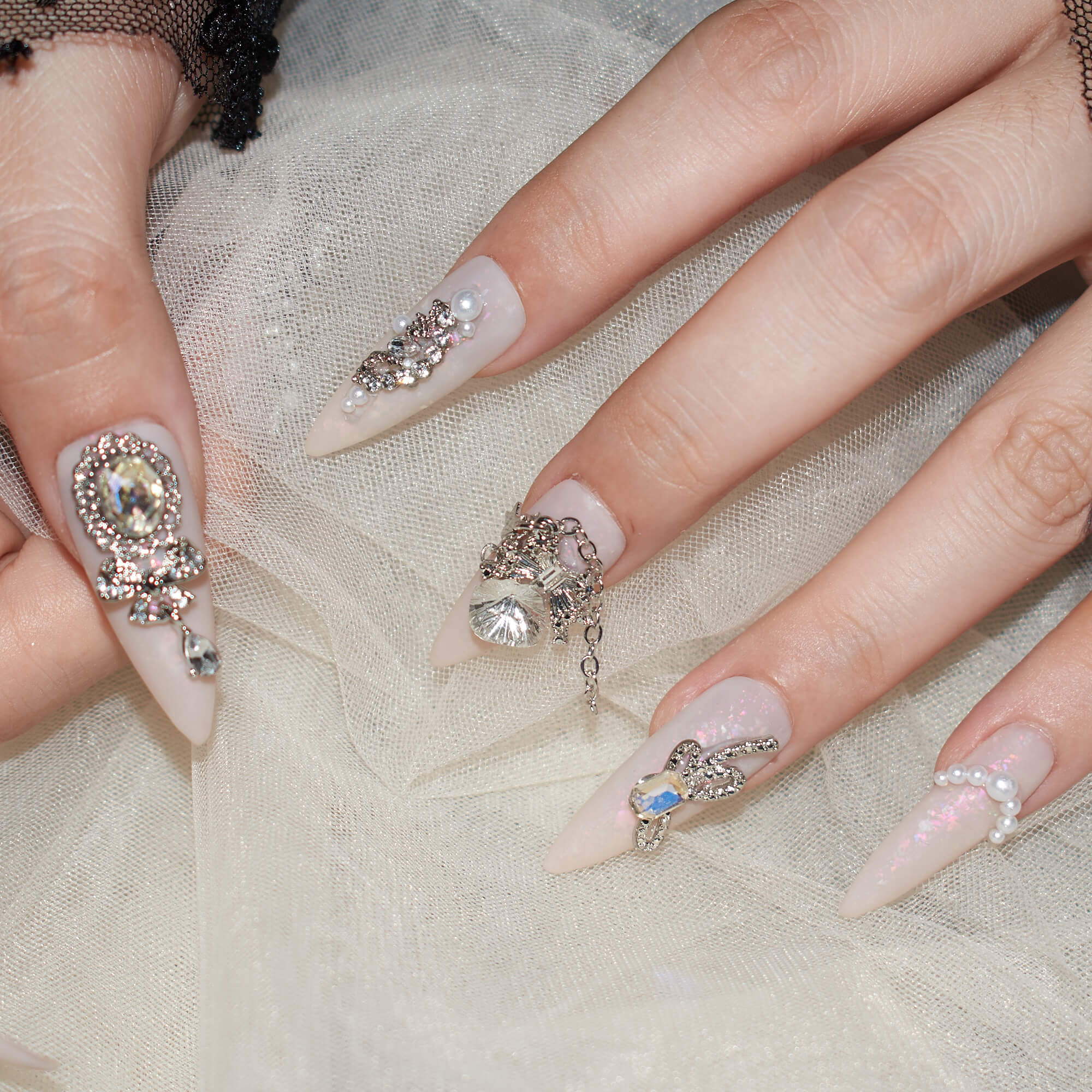 Prismatic Princess | Light Pink Medium Long Almond Nails | Y2K 3D Rhinestone & Pearl Design