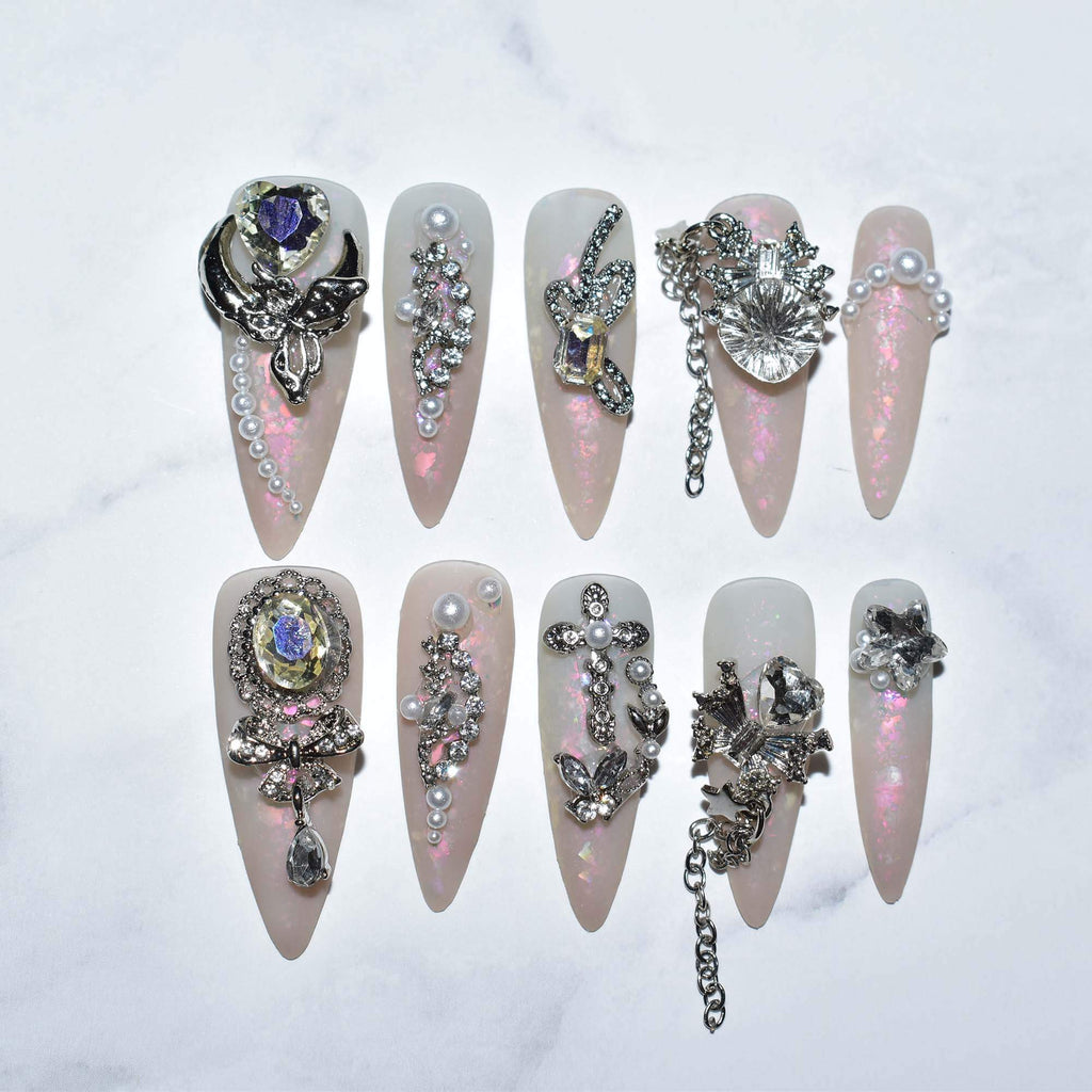 Prismatic Princess | Light Pink Medium Long Almond Nails | Y2K 3D Rhinestone & Pearl Design