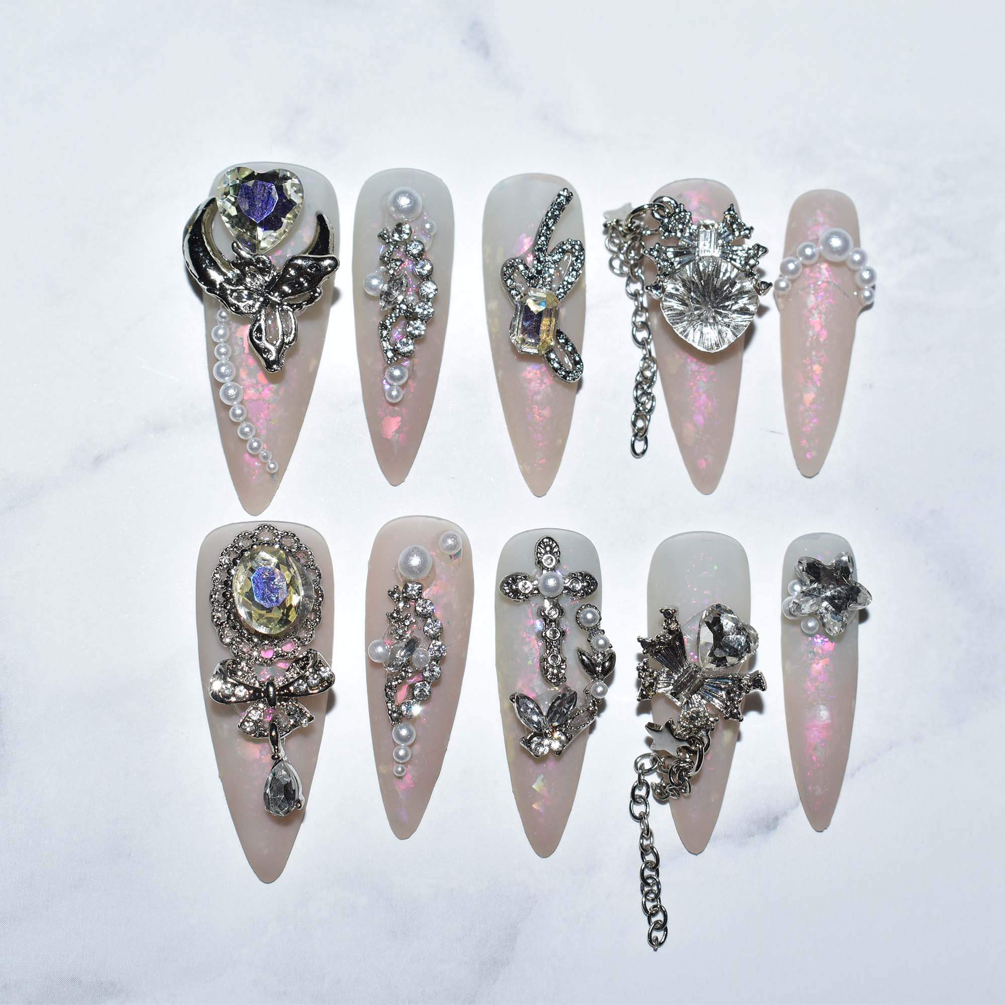 Prismatic Princess | Light Pink Medium Long Almond Nails | Y2K 3D Rhinestone & Pearl Design