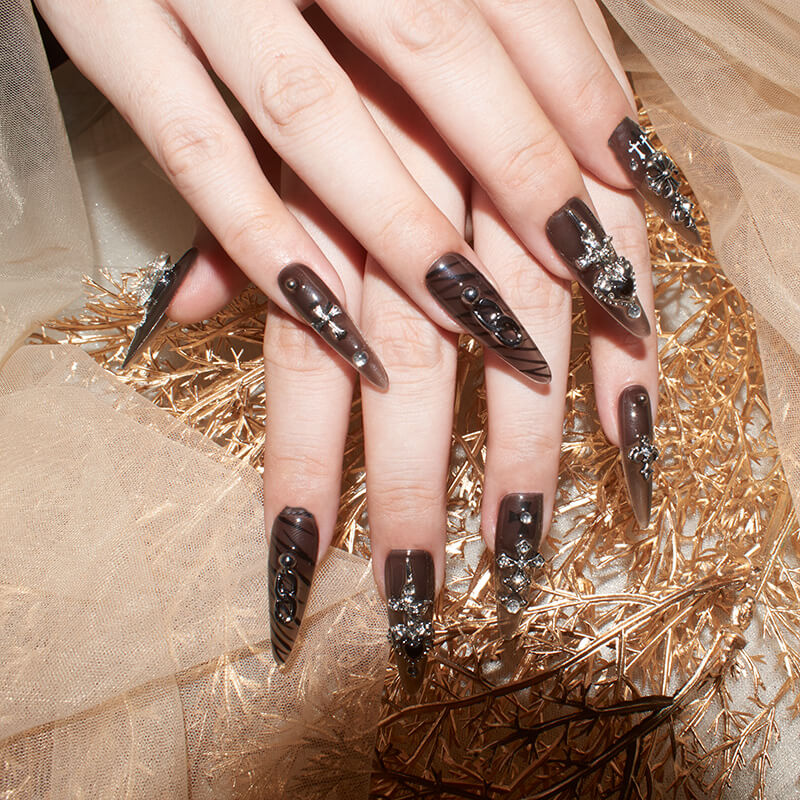 Black Mist Enchantment Press-On Nails - Long Stiletto Shape with Black and Silver Accents