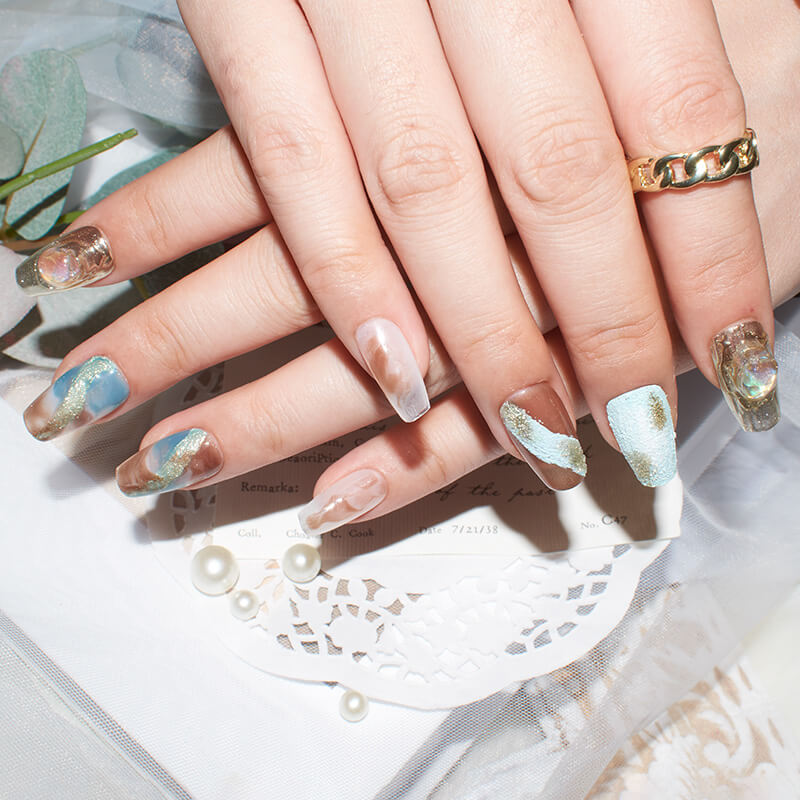 Monoschic Blue Gold Mirage Press-On Nails - Elegant Marbled Press-On Nails for a Glamorous Look
