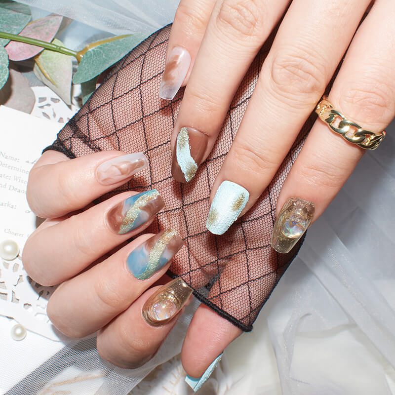 Monoschic Blue Gold Mirage Press-On Nails - Elegant Marbled Press-On Nails for a Glamorous Look