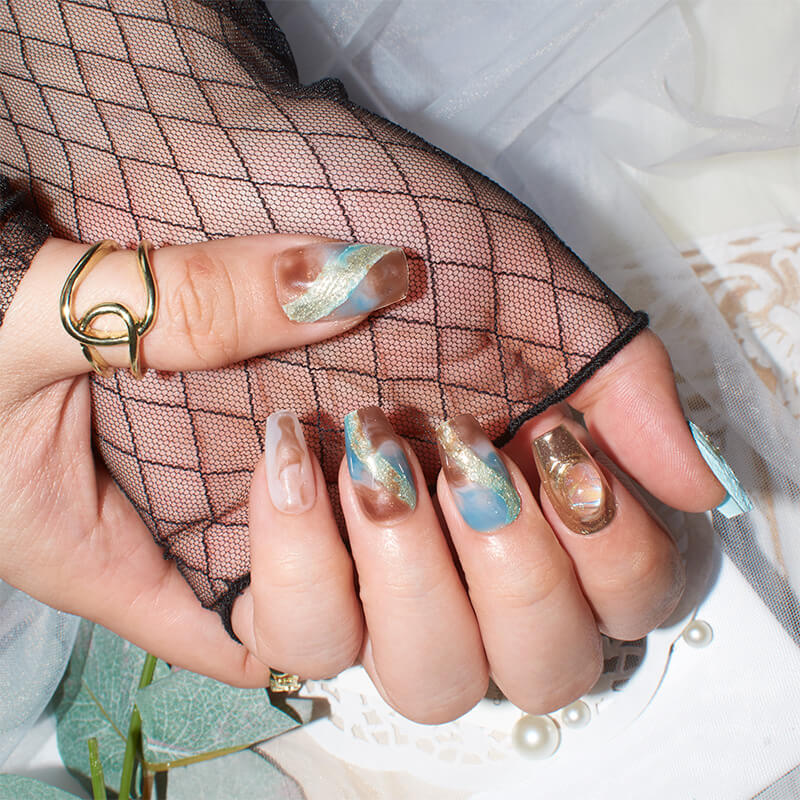 Monoschic Blue Gold Mirage Press-On Nails - Elegant Marbled Press-On Nails for a Glamorous Look
