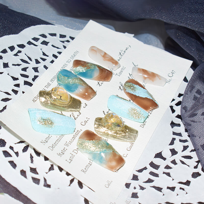 Monoschic Blue Gold Mirage Press-On Nails - Elegant Marbled Press-On Nails for a Glamorous Look