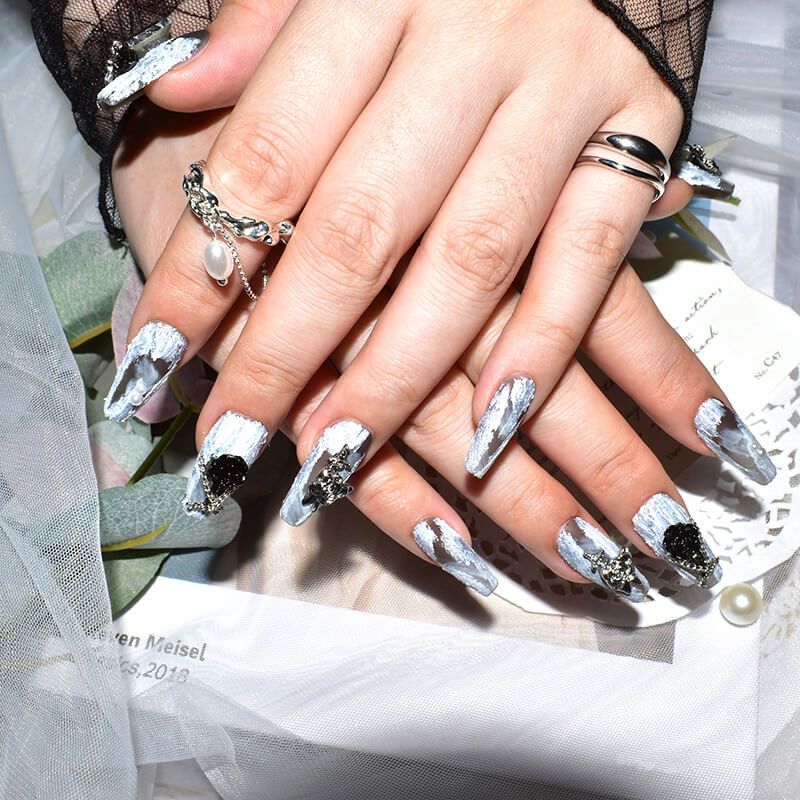 Midnight Bloom on White Sands Press-On Nails