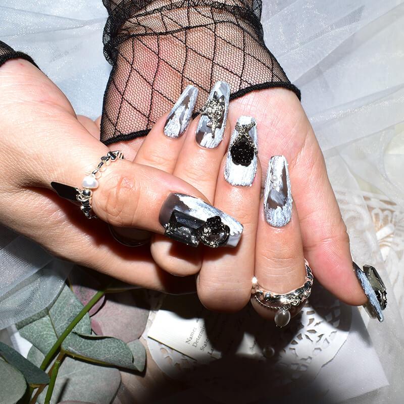 Midnight Bloom on White Sands Press-On Nails