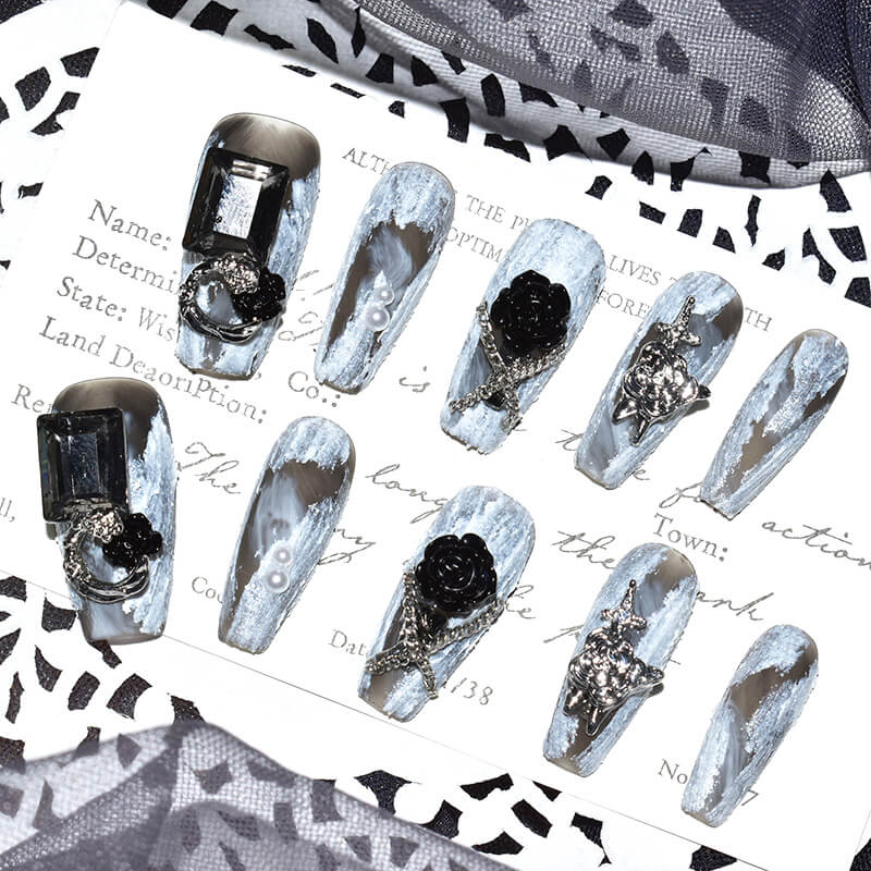 Midnight Bloom on White Sands Press-On Nails