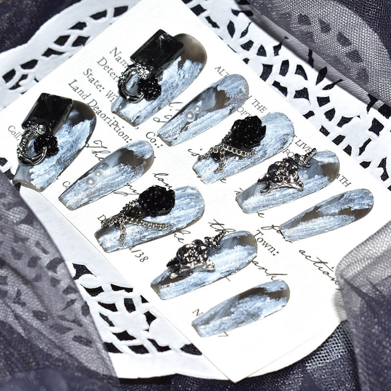 Midnight Bloom on White Sands Press-On Nails