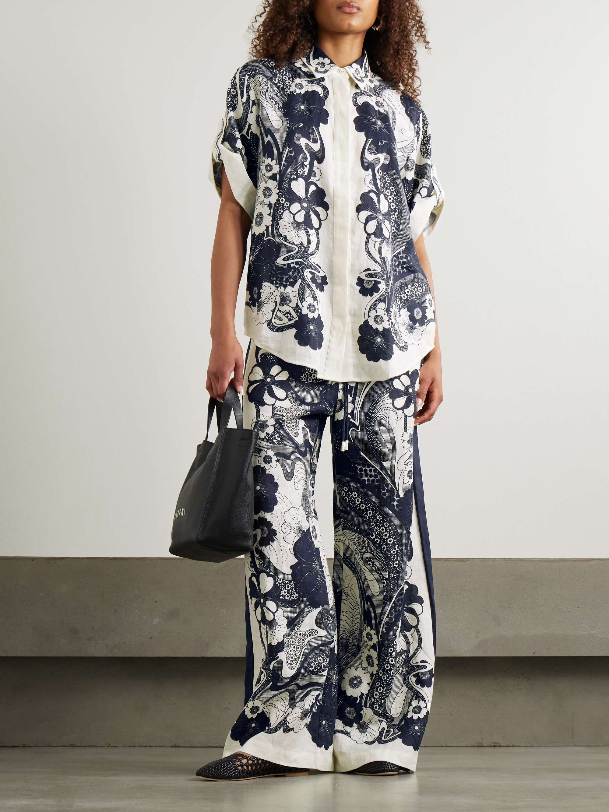 Mickey floral-print linen-gauze shirt & pant SET